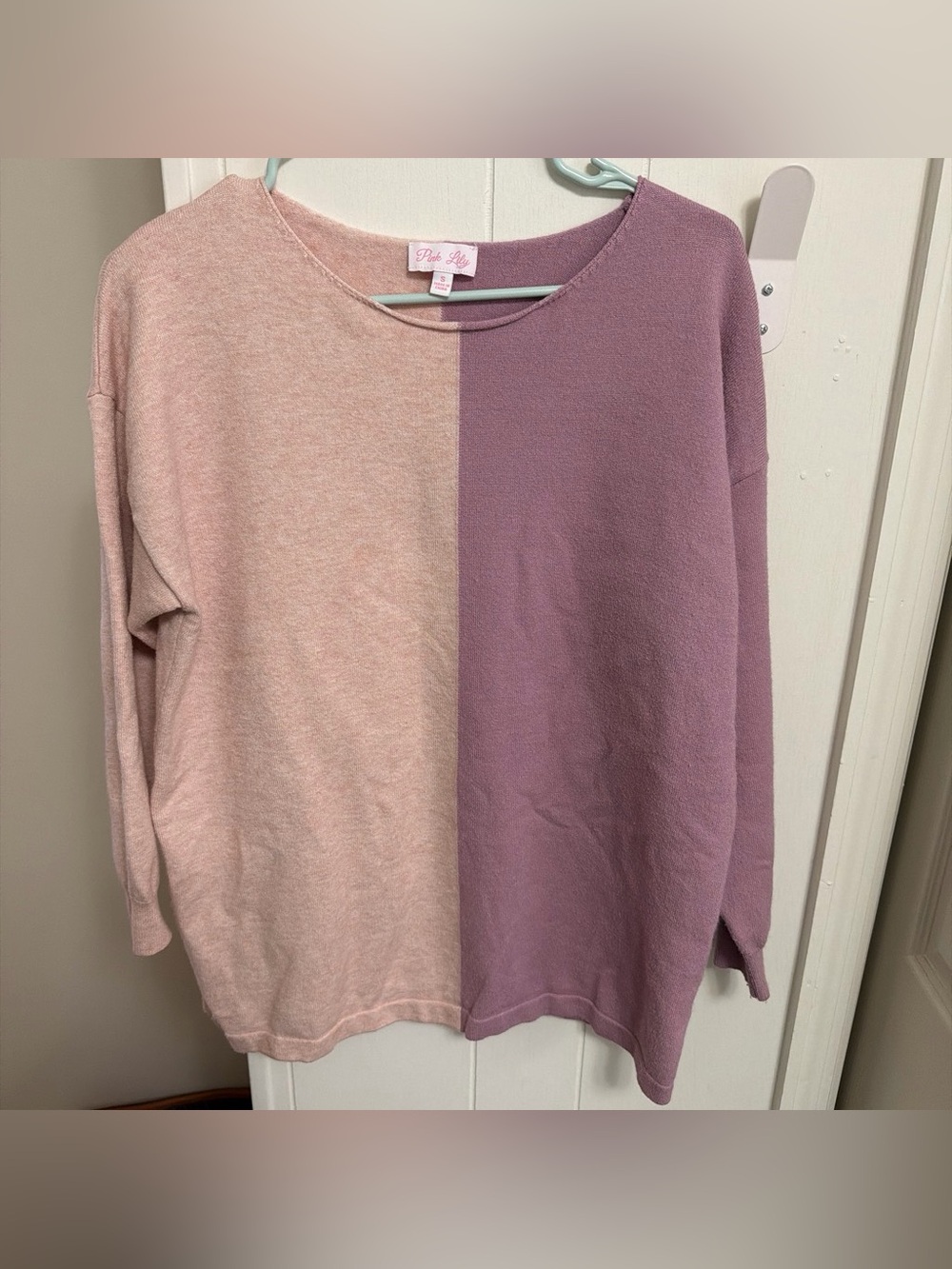 Pink Lily Two-Tone Blush & Mauve Crewneck Sweater